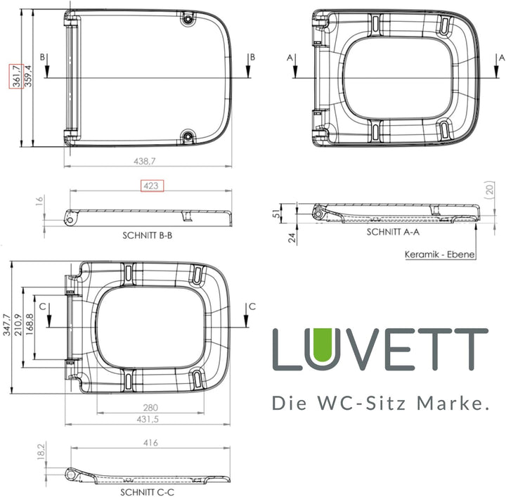 LUVETT® WC-Sitz inkl. 3 Edelstahl Montagelösungen & Absenkautomatik Softclose, Made in EU, antibakte