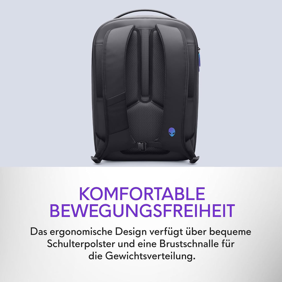Alienware 18 Rucksack – AW7825P – 28L Kapazität, atmungsaktives 3D‑Mesh, magnetische Taschenorganize