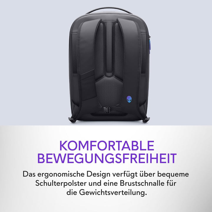 Alienware 18 Rucksack – AW7825P – 28L Kapazität, atmungsaktives 3D‑Mesh, magnetische Taschenorganize