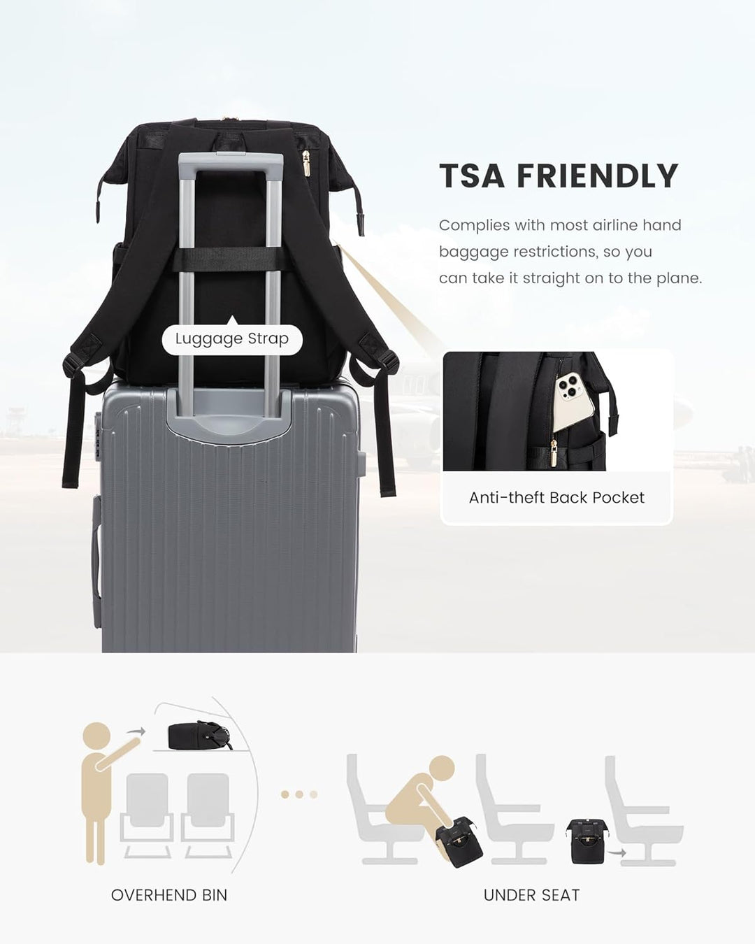 LOVEVOOK Schulrucksack Schwarz Teenager Mädchen, Laptop Rucksack Damen mit Laptopfach 15,6 Zoll, Sch