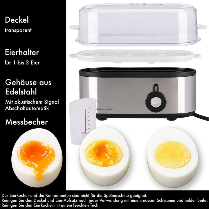 Rosenstein & Söhne 3-Ei-Eierkocher: Edelstahl-Eierkocher mit Messbecher, für bis zu 3 Eier, 210 Watt