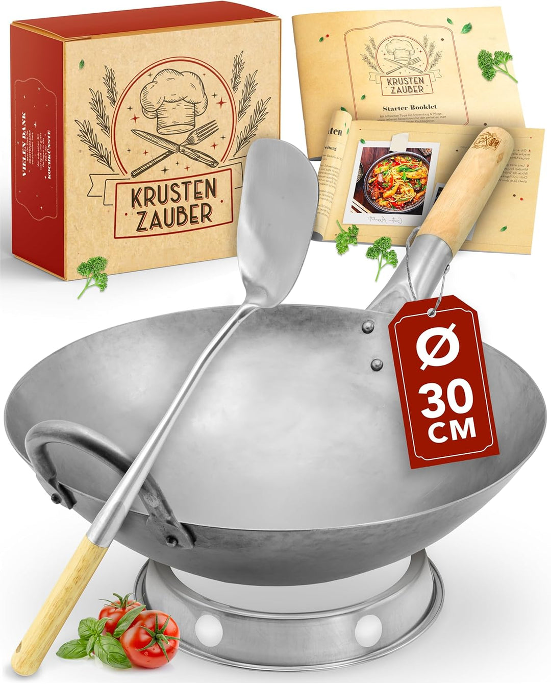 KRUSTENZAUBER 30cm Wokpfanne runder Boden - Traditionelle Stahlwokpfanne mit Wokwender u. Wokring -