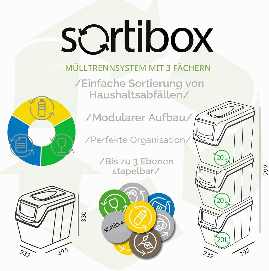 Prosperplast Sortibox Mülleimer Mülltrennsystem Abfalleimer Behälter 3x20L Grau Grau 3x20 Litros, Gr