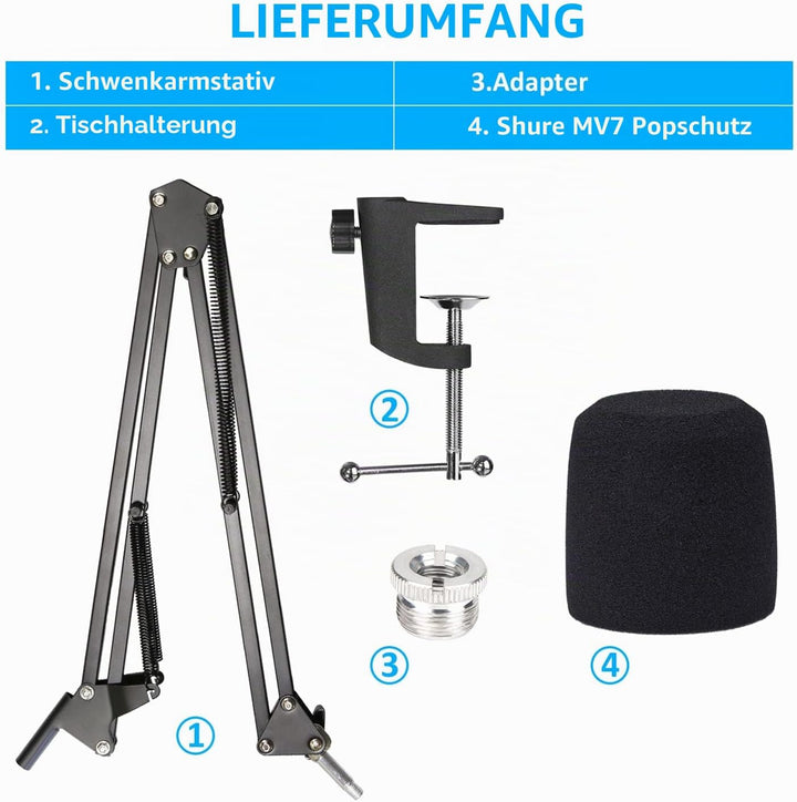 SUNMON Mikrofonarm Boom Arm für MV7 Set, Boom arm mit Schaumstoff-Windschutz für Streaming Podcast T