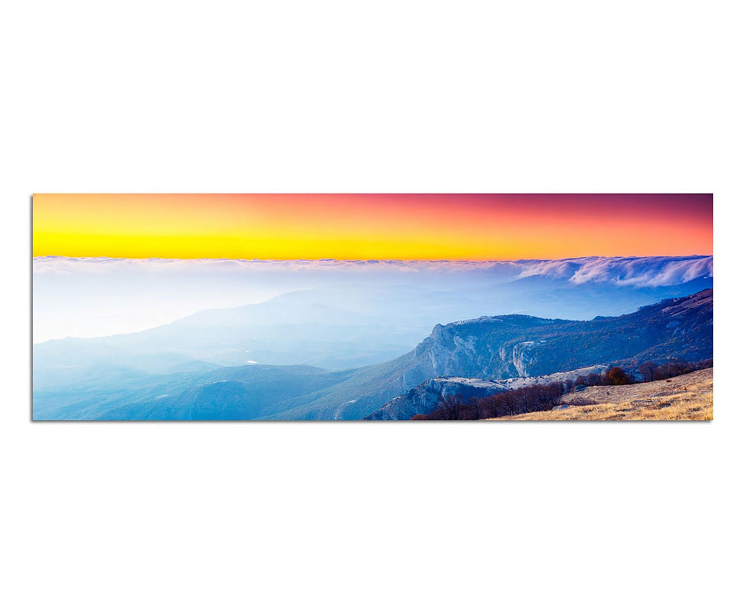 Paul Sinus Art Panoramabild auf Leinwand und Keilrahmen 150x50cm Ukraine Berge Nebel Sonnenaufgang