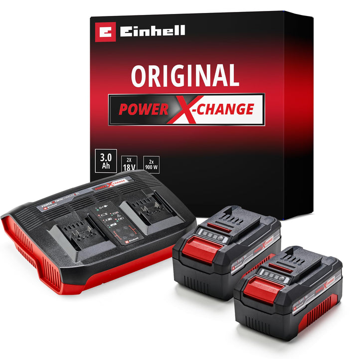 Original Einhell Starter Kit 2x 3,0 Ah Akkus und Twincharger Power X-Change (Li-Ion, 18 V, 60 min La