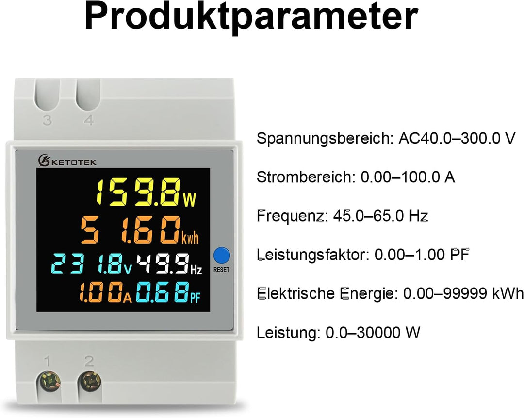 KETOTEK Stromzähler Hutschiene, Digitaler Energiezähler 6in1, AC40-300V 100A Wechselstromzähler KWh