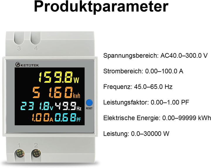 KETOTEK Stromzähler Hutschiene, Digitaler Energiezähler 6in1, AC40-300V 100A Wechselstromzähler KWh