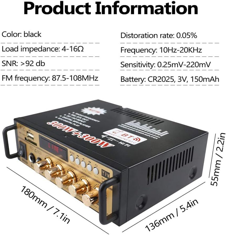 Etlephe Mini Verstärker,HIFI Verstärker,Bluetooth 5.0-Stereo Audio,12 V 220 V 600 W, 2 Kanäle, LCD-D