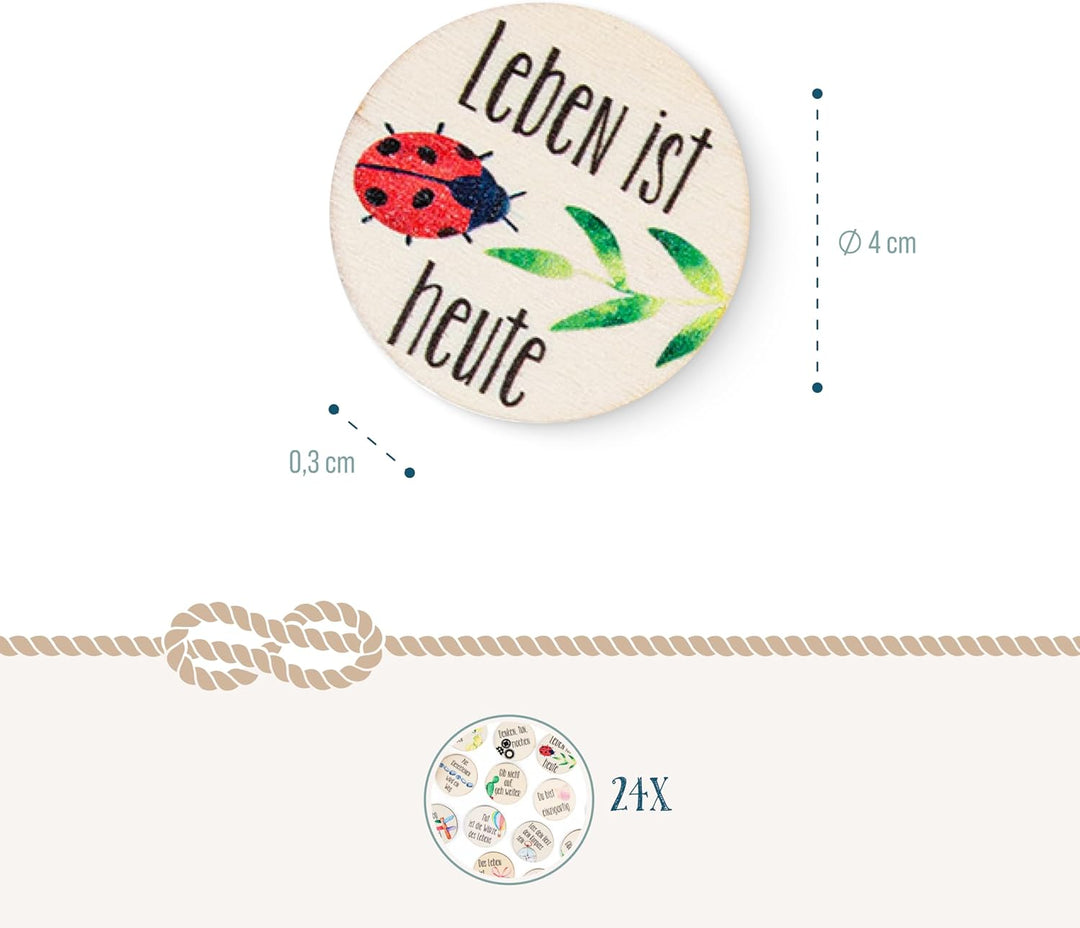 Kleine Holztaler mit Sprüchen, 24 Stück: Holz-Glückstaler Beschriftet, Motivationssteine-Set, Mit St