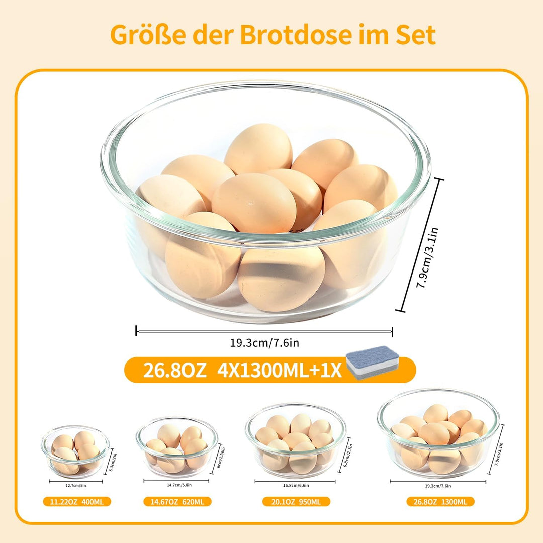 1300ml Frischhaltedosen Glas mit Deckel 4er, Rund Meal Prep Boxen Glas mit Deckel, Versiegelter Glas