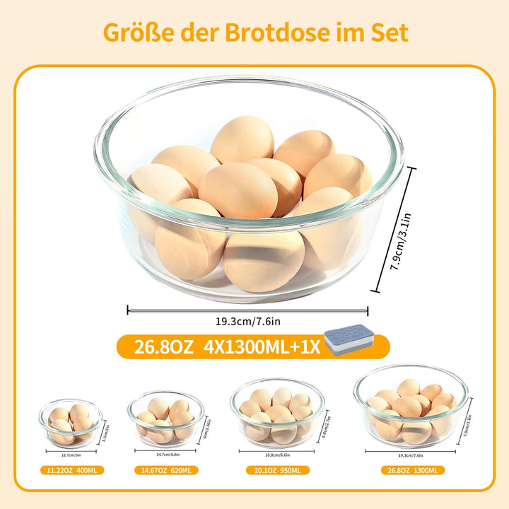 1300ml Frischhaltedosen Glas mit Deckel 4er, Rund Meal Prep Boxen Glas mit Deckel, Versiegelter Glas