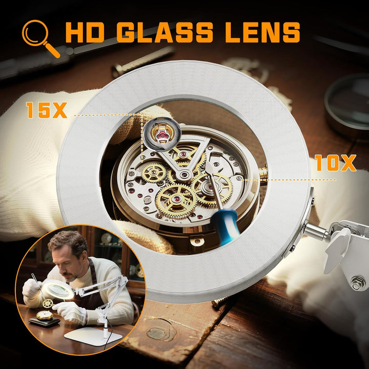 2-in-1 Lupe mit Licht und Ständer, Jubor 15X 10X LED Lupenleuchte mit Klemme und Basis, Schreibtisch