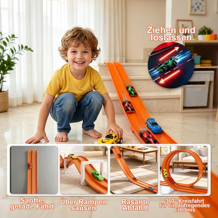 Flexible Autorennbahn Kinder, 6m Autobahn Kinder mit 6 Autos, tragbare Doppel-Rennbahn &amp; Rampe für 1