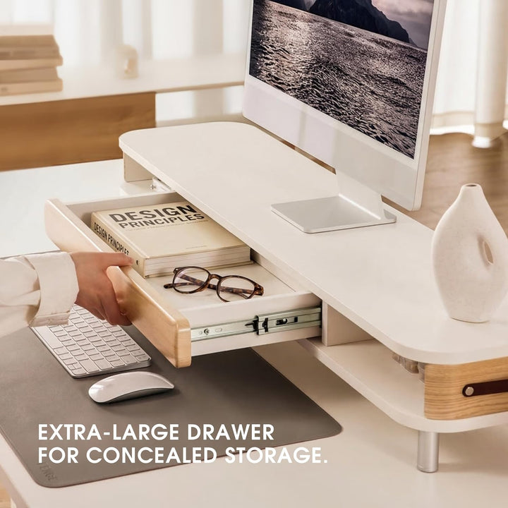 Fenge Dual Monitorständer mit Schublade, 108cm Bildschirmerhöhung mit Aluminiumbeinen & Ledergriff,