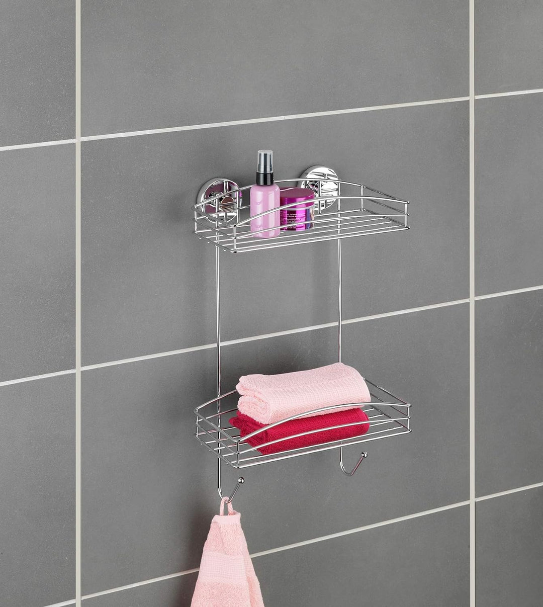 WENKO Vacuum-Loc® Wandregal 2 Etagen und 2 Haken, Wandablage ohne bohren, Duschablage mit Vakuum-Bef