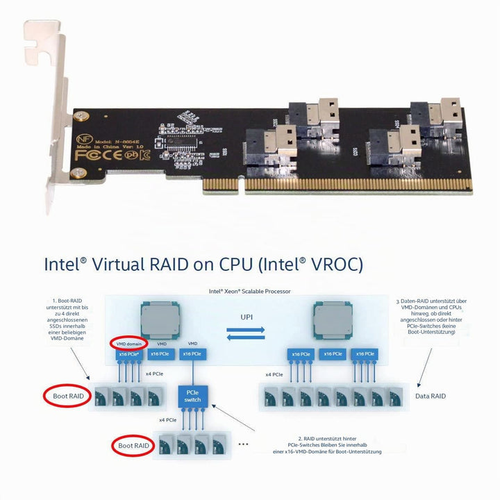 Cablecc Slimline Four SFF-8654 4X 4 NVME auf PCIE Express 3.0 4.0 Raid Card VROC Raid0 Hyper Adapter