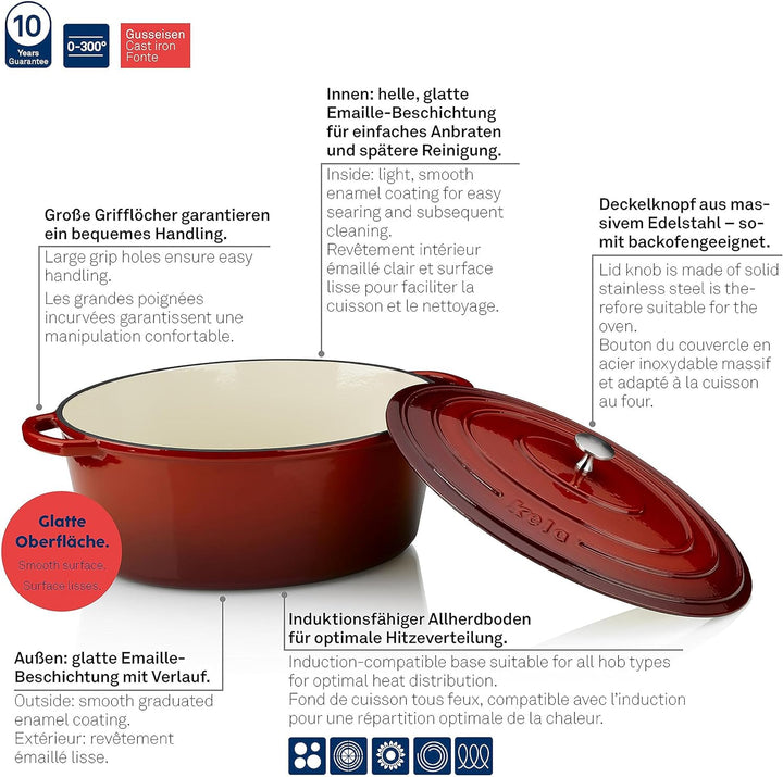 kela Bräter Calido Gusseisen rot Oval 33x25,5x12cm 6l, 32 cm, Rot
