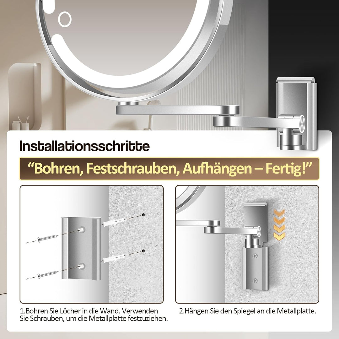 Wandmontierter Make-up-Spiegel, Vergrösserungsspiegel mit Licht, 20X/1X doppelseitig, höhenverstellb