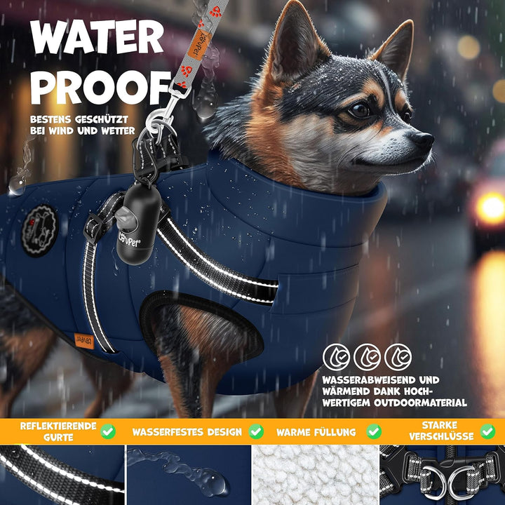 LOVPET® Hundejacke Hundemantel mit Geschirr, inkl. 45 Stück Kotbeutel + Spender, Hunde Winterweste g