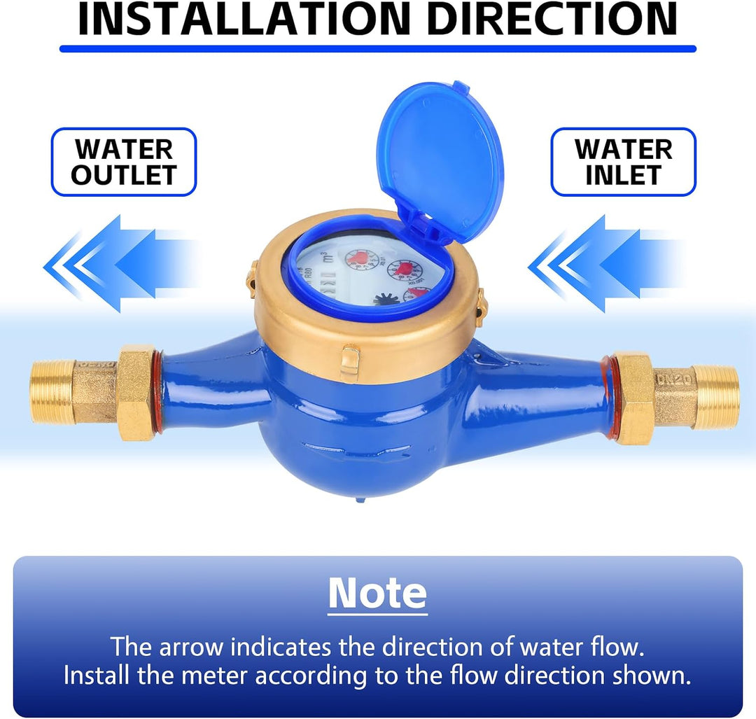 3/4" BSP Wasserzähler für Kaltwasser | DN20 Mechanischer Wasserzähler mit Messingkupplungen, Kubikme