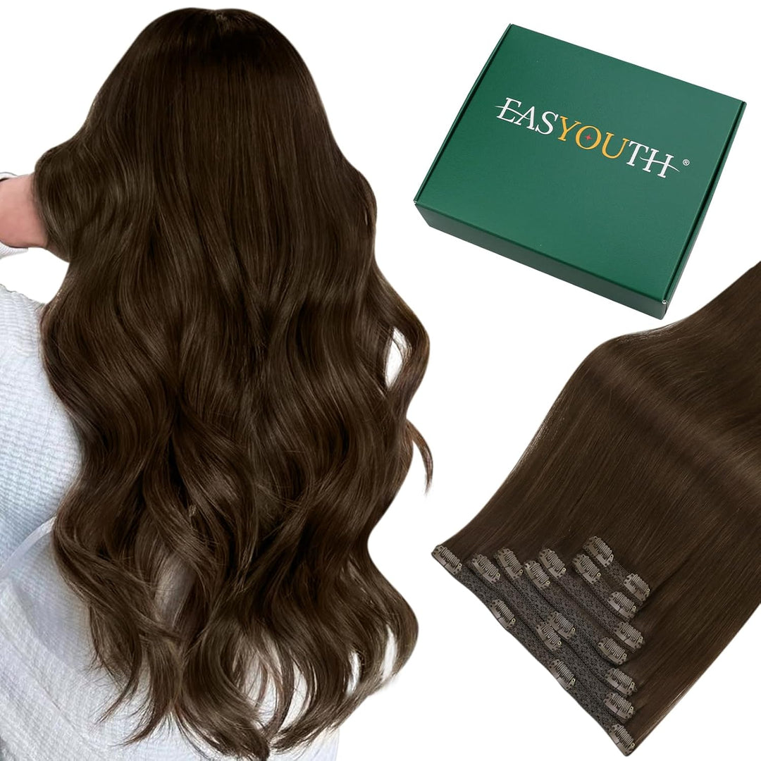 Extension Echthaar Clip in Braun Haarverlangerung Clip in Echthaar Doppelt Tressen Clip Extensions E