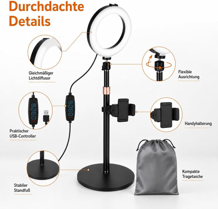 6 Zoll Ringlicht mit Stativ, LED Ring Light für Handy und Laptop | 3 Lichtfarben, 10 Helligkeitsstuf