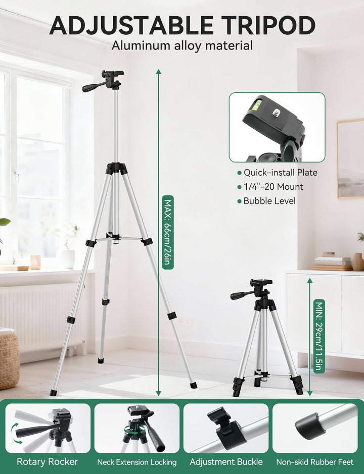 Laser Wasserwaage mit 66cm-Stativ, Nikotek Selbstnivellierende GrüneKreuzlinienlaser, Horizontale un