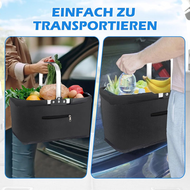 Einkaufskorb Faltbar 25L, Klappbarer Einkaufskorb mit gepolsterten Griffen und Reissverschlusstasche
