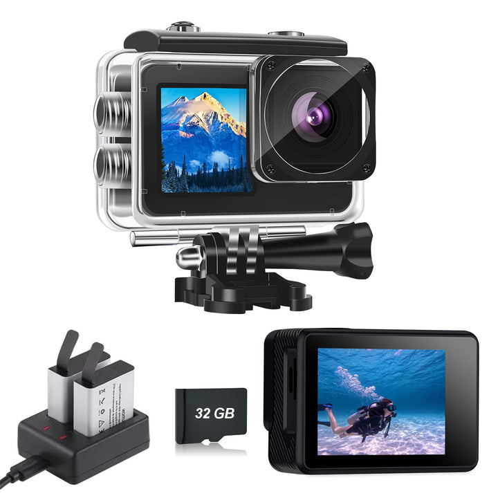 Dual Screen Action Cam 1080P 32 GB Karte wasserdichte Kamera wasserdichte Unterwasserkamera mit 2 x