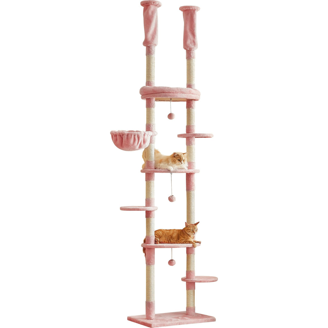 Deckenhoher Katzenbaum 234-259 cm höhenverstellbar, 2-Säulen-Design mit 12 Sisal-Pfosten, mehrstöcki