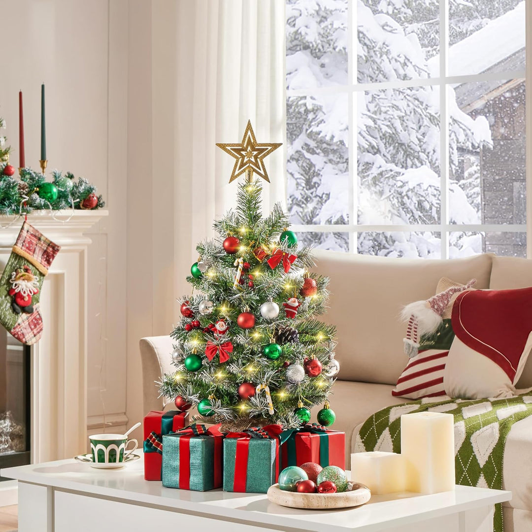 Yaheetech 2 Stück 66 cm Mini Künstlicher Weihnachtsbaum mit Schnee inkl. 35 Warmweiss LED & 42 Roten