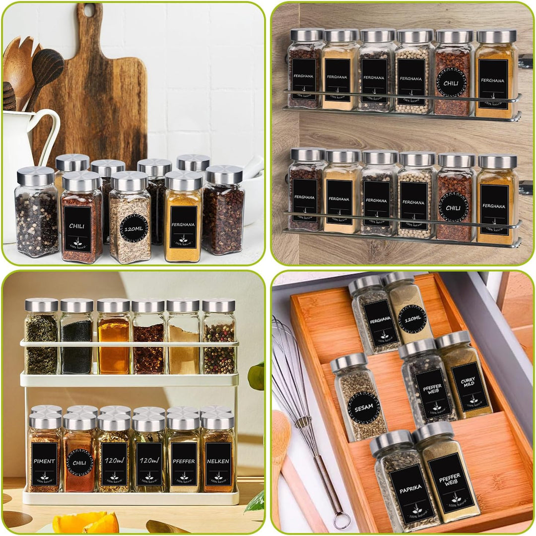 Gewürzgläser Eckig 12er Set 120ml – Gewürzdosen mit Streueinsatz, luftdichtem Schraubdeckel, Inkl. T