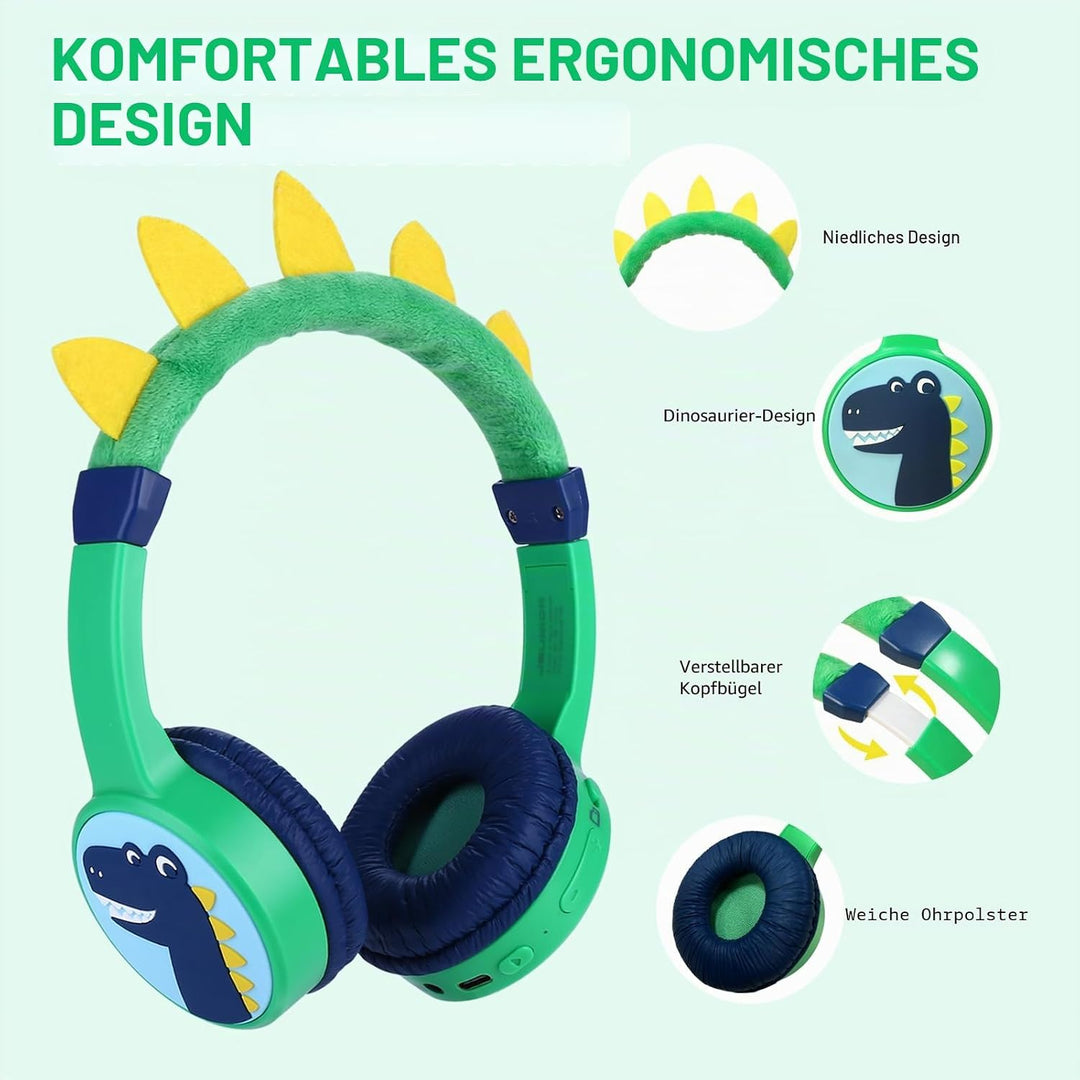 Bluetooth Kopfhörer Kinder, Dinosaurier Kinder Kopfhörer mit Kabel, Mikrofon, 85dB Lautstärkebegrenz