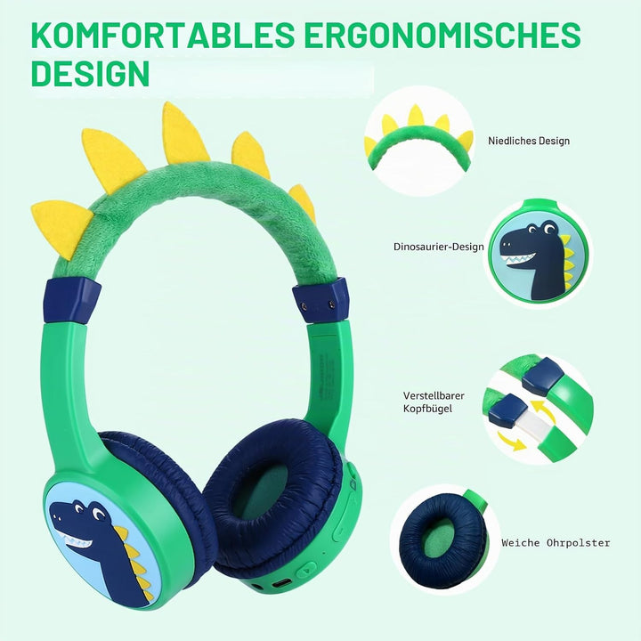 Bluetooth Kopfhörer Kinder, Dinosaurier Kinder Kopfhörer mit Kabel, Mikrofon, 85dB Lautstärkebegrenz