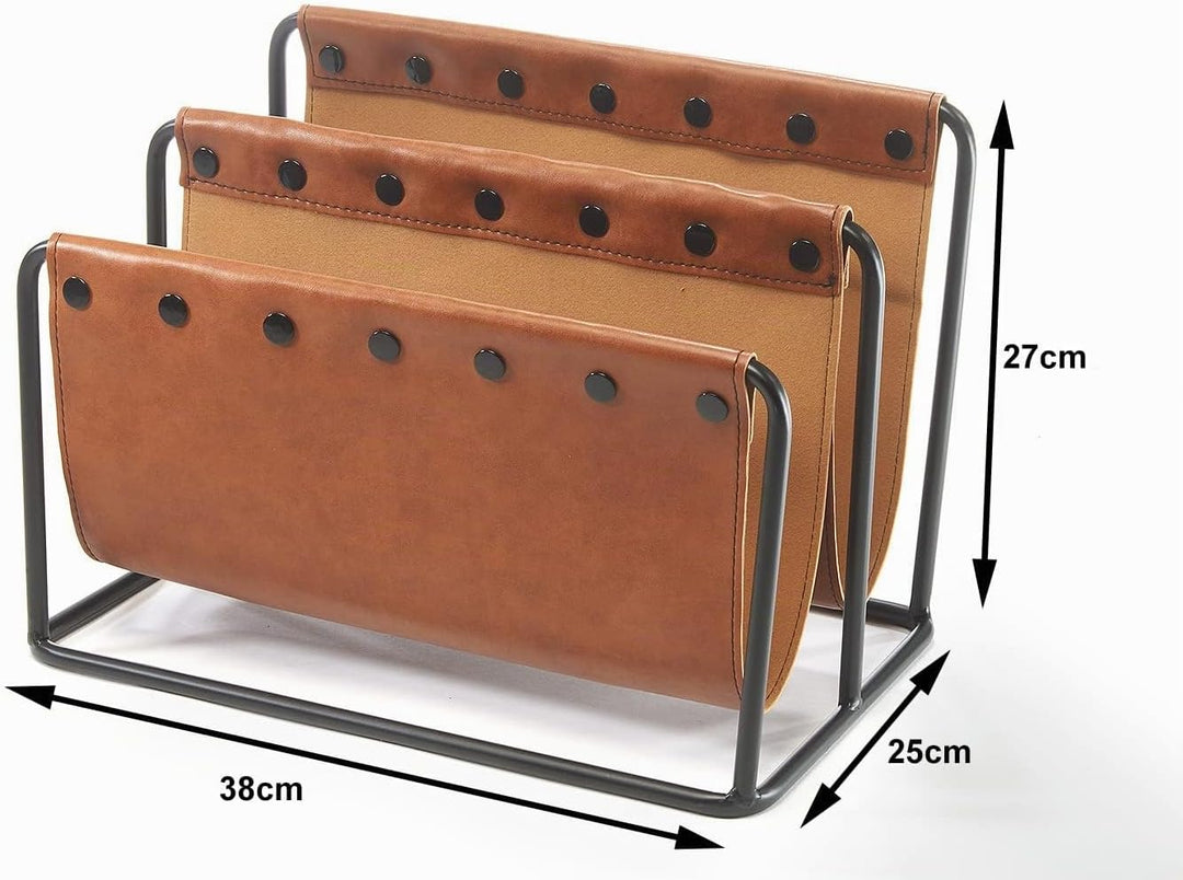 Kobolo Zeitungsständer aus Metall und Kunstleder braun mit Zwei Fächern 38x25x27cm