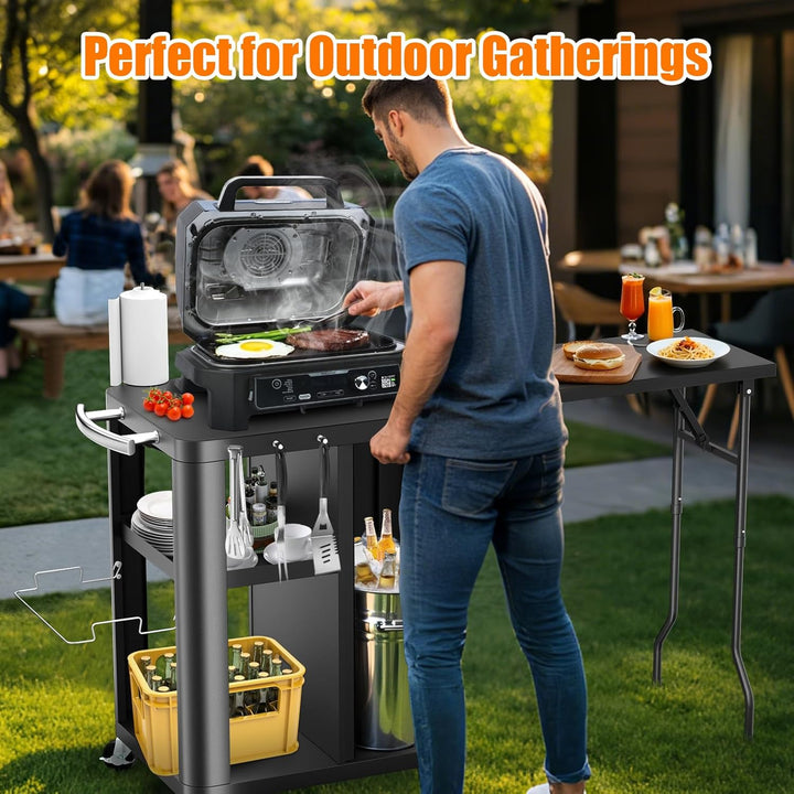 GFTIME Grillwagen, Grilltisch mit klappbarer Beistelltisch, Outdoorküche mit Haken, Aufbewahrungsreg