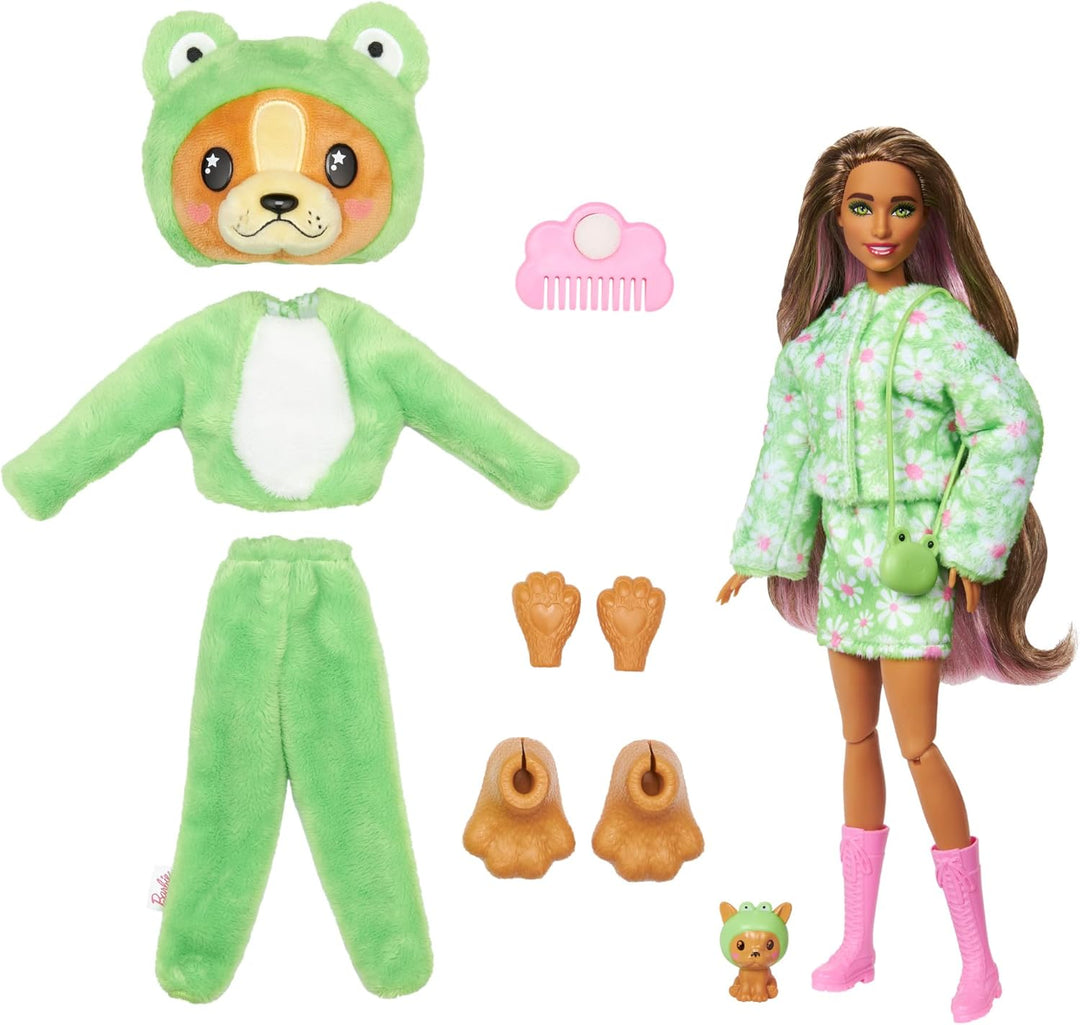 BARBIE Cutie Reveal Puppe - 10 Überraschungen in einer Verpackung, inklusive niedlichem Hund in grün