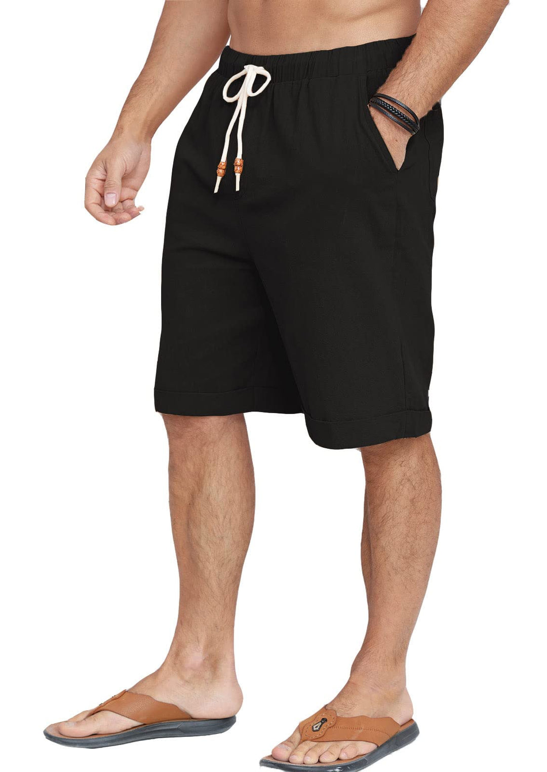 Halfword Leinenhose Herren Kurz Leinen Shorts Kordelzug Strand Freizeithose Leichte Urlaub Sommer M