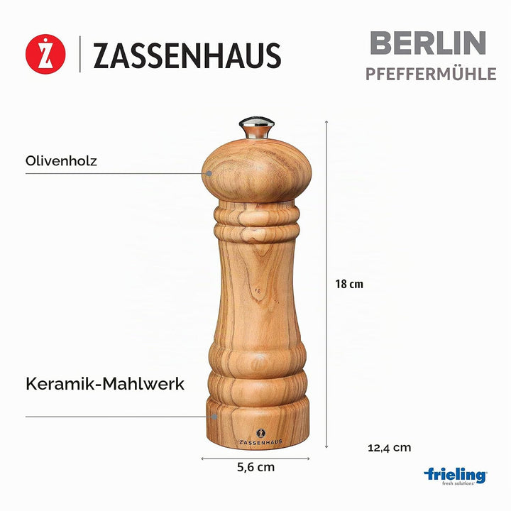 Zassenhaus Pfeffermühle Berlin aus Olivenholz in der Farbe Natur, Höhe: 18cm, 023367