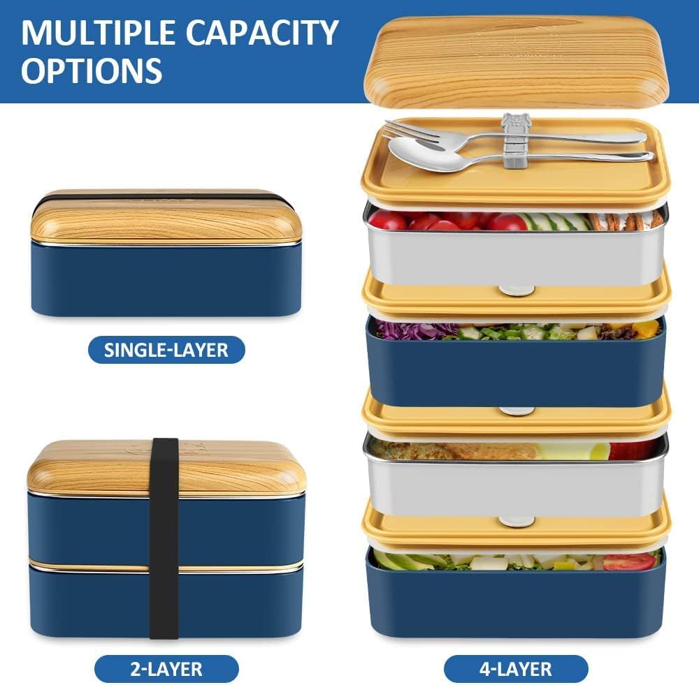 Bento Box, Lunchbox Brotdose mit Fächern 2 Ebenen mit 2 Stück Umweltfreundlichen PP &amp; Edelstahlbehäl