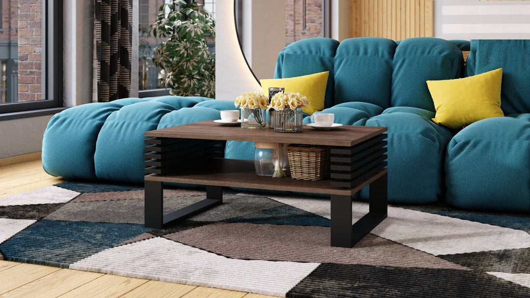 Design Couchtisch Gokee Tisch Wohnzimmertisch 90x42x60cm mit Ablagefläche, Farbe:Eiche dunkel/Schwar