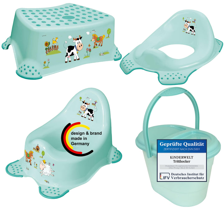 KiNDERWELT 4er Set Premium Toilettensitz, Hocker, stabiles Töpfchen & Windeleimer für Kleinkinder -F