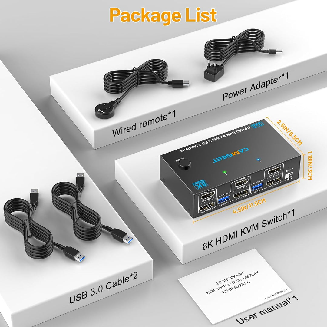 Displayport HDMI KVM Switch 2 PC 2 Monitore 4K@144Hz, Camgeet USB3.0 Dual Monitor KVM Switches für 2