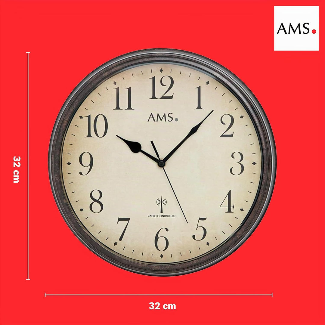 AMS 5962 Wanduhr Funkuhr Wand Vintage Uhr Style Metallgehäuse in antiker Holz-Optik Dekouhr