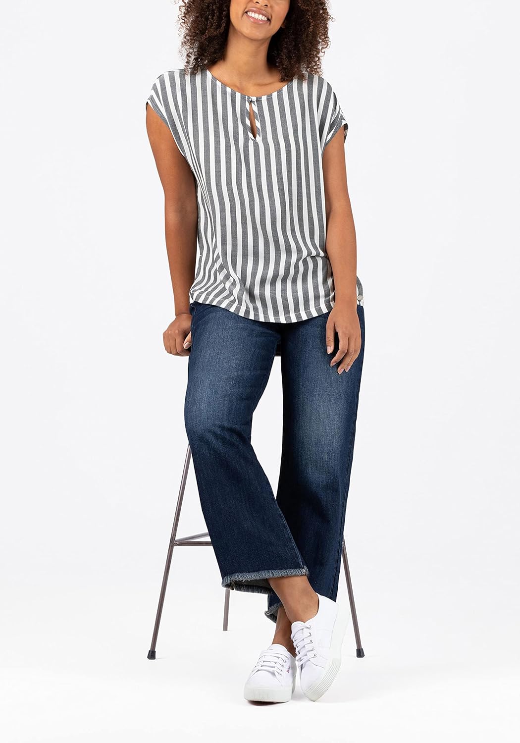 Timezone Damen Striped Airy Top T-Shirt XL Grey White Stripe, XL Grey White Stripe