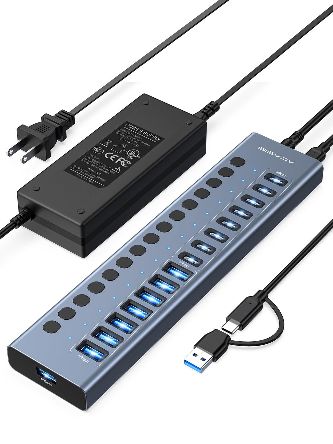 ACASIS USB-3.2-Hub mit 16 Anschlüssen (8 USB-A 3.2-Anschlüsse + 8 USB-C-3.2-Anschlüsse), Aluminium-U