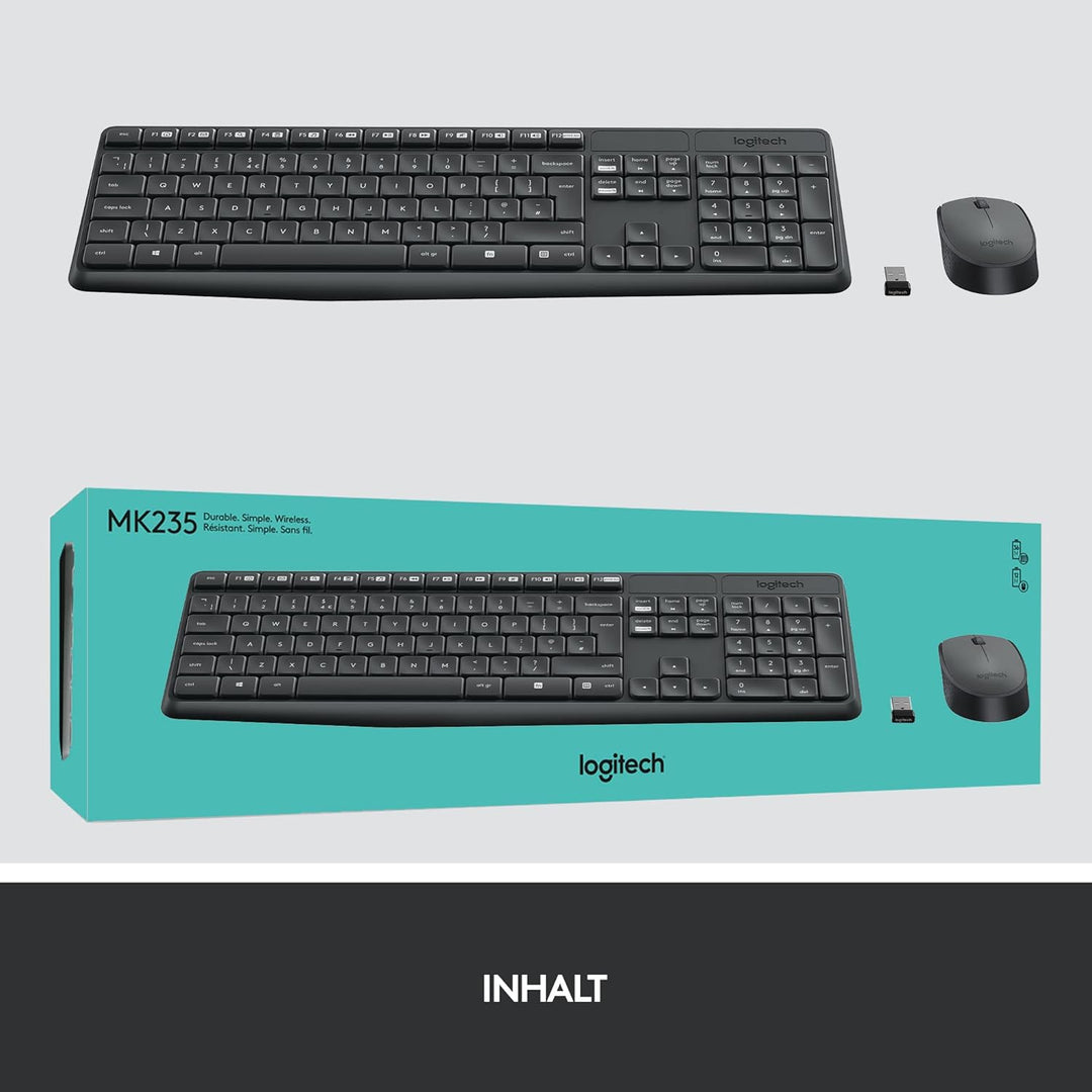 Logitech MK235 Kabelloses Set mit Tastatur und Maus für Windows, 2,4 GHz kabelloser Unifying-USB-Emp
