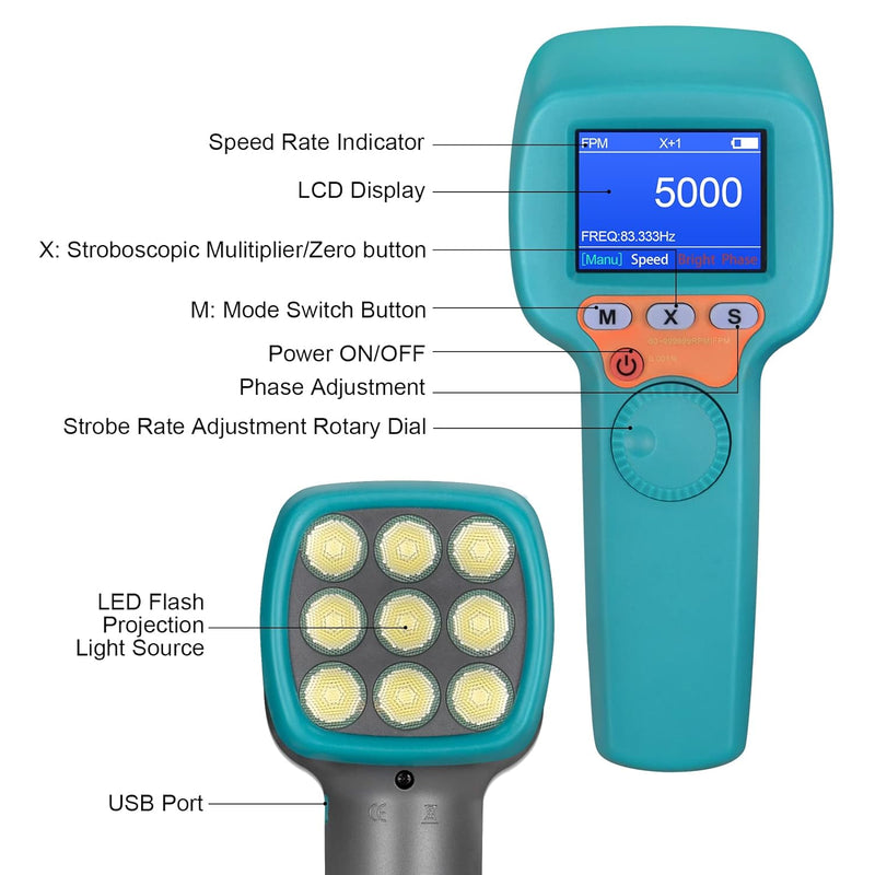 LED Stroboskop Drehzahlmesser, Berührungslose Strobe Tachometer 60~999999RPM,1500LUX, 0,001% hohe Ge