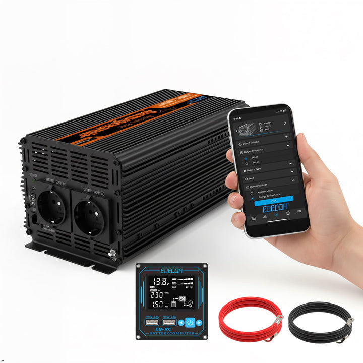 EDECOA Wechselrichter 1500W Reiner Sinus – 12V auf 230V mit ECO-Modus, Bluetooth & App für Auto, Woh